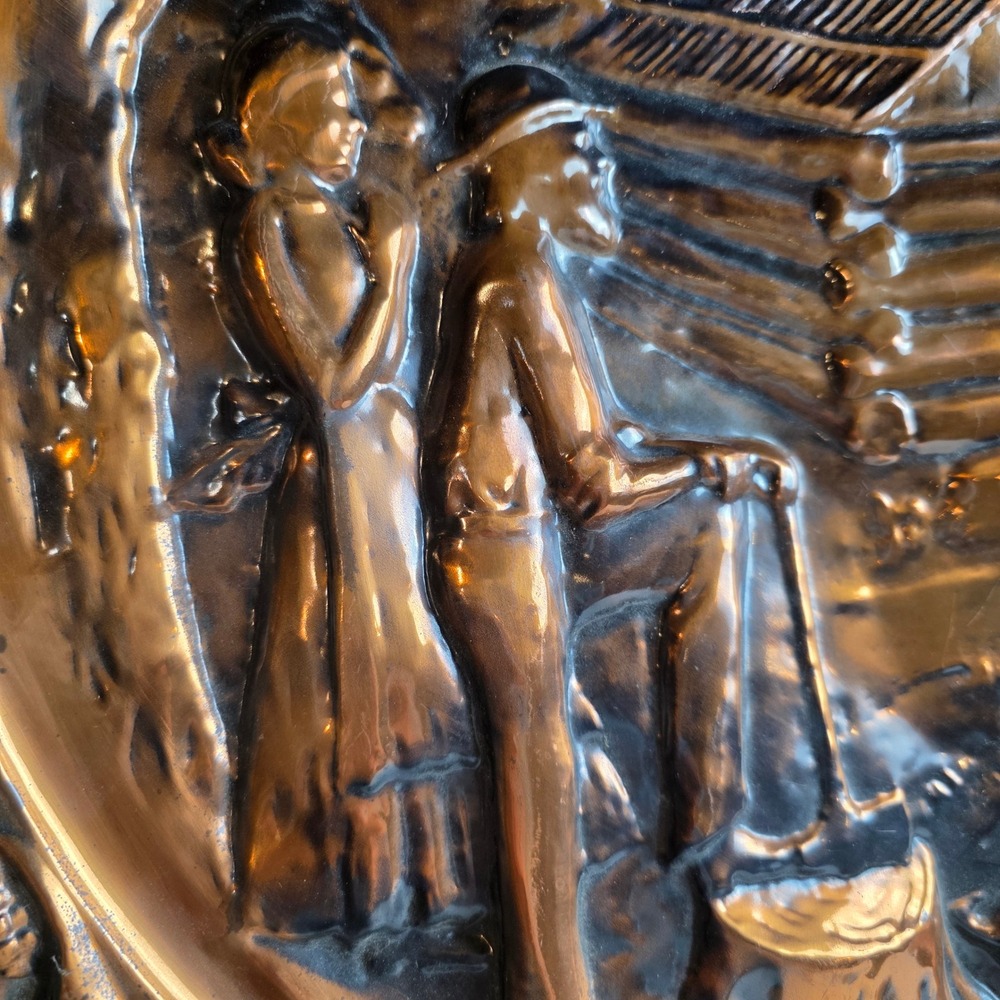 Vintage Embossed Copper Plate 'Settlers Scene' Log Cabin Oak Leaf Border 19.5" - Picture 3 of 11